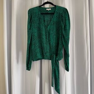 Green Silk Blend Wrap Blouse Animal Print Tie Waist Surplice Small
